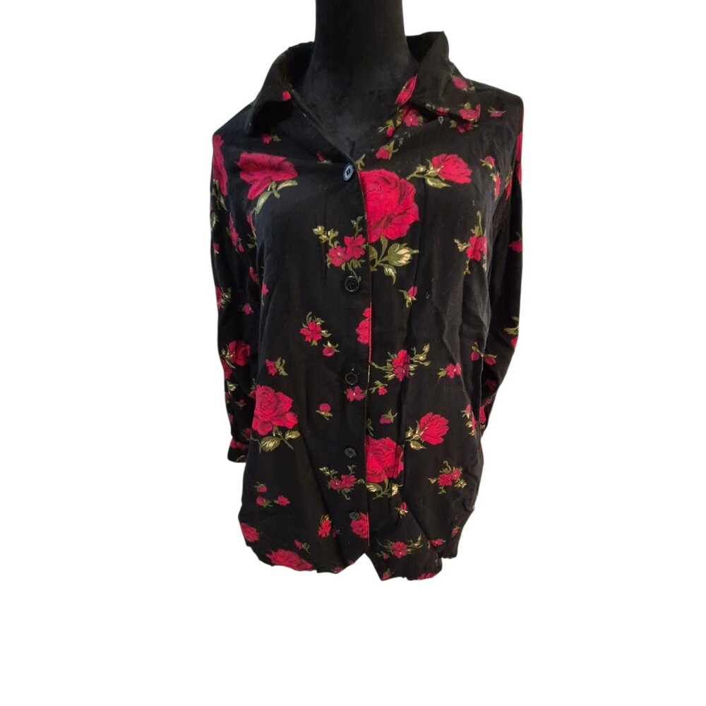 VTG Penny Lane M Button Up Shirt Dark Floral Whimsigoth Roses Rayon 90's